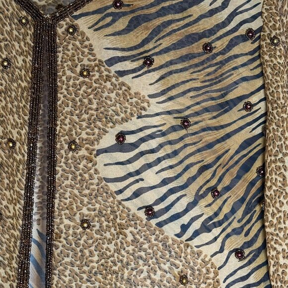 Mark & John By Gopal Elegant Beaded Brown Leopard Long Duster Small Chiffon Vint - Picture 4 of 12